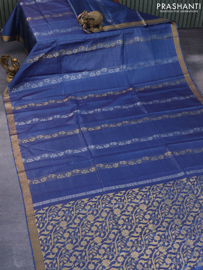 Banana silk saree blue with silver & gold zari weaves and zari woven border