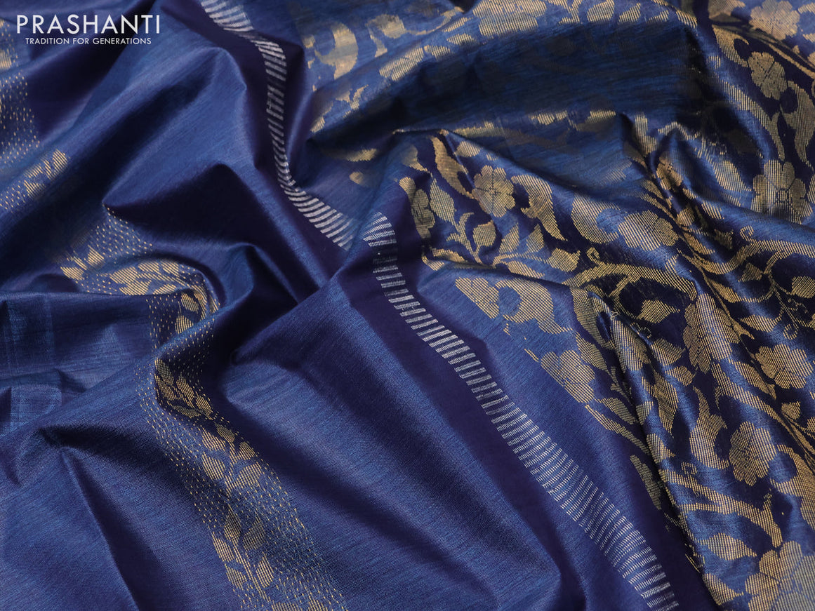 Banana silk saree blue with silver & gold zari weaves and zari woven border