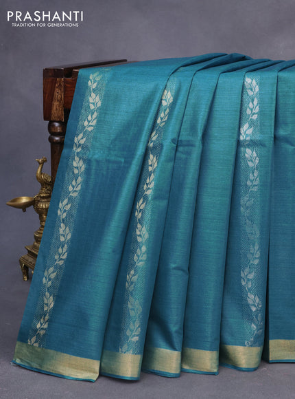 Banana silk saree teal blue with silver & gold zari weaves and zari woven border