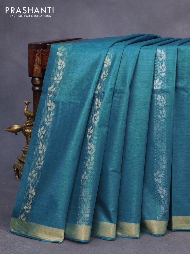 Banana silk saree teal blue with silver & gold zari weaves and zari woven border