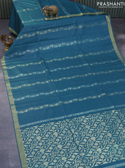 Banana silk saree teal blue with silver & gold zari weaves and zari woven border