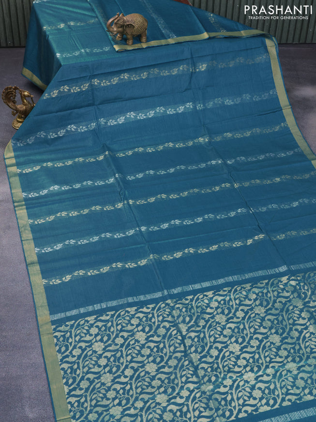 Banana silk saree teal blue with silver & gold zari weaves and zari woven border