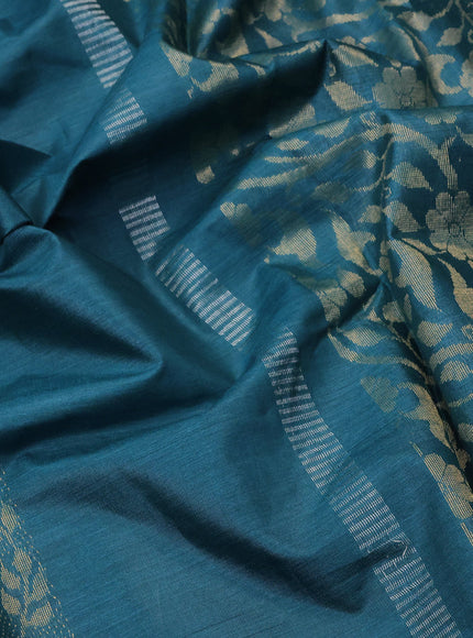 Banana silk saree teal blue with silver & gold zari weaves and zari woven border