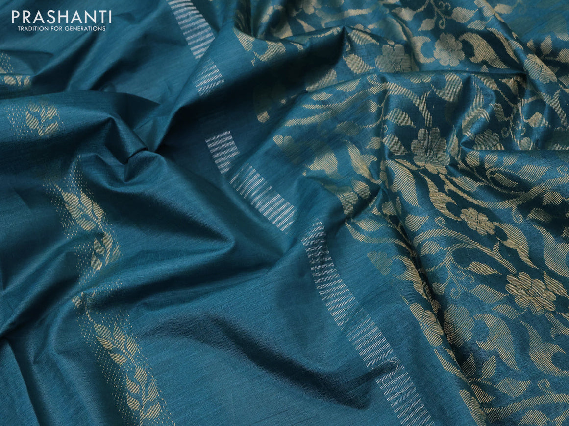 Banana silk saree teal blue with silver & gold zari weaves and zari woven border