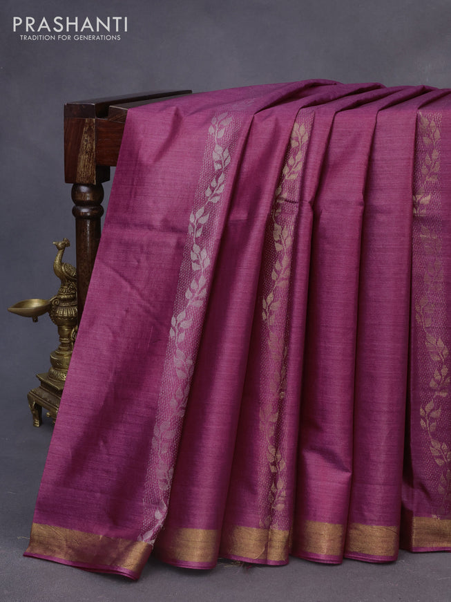 Banana silk saree dark magenta pink with silver & gold zari weaves and zari woven border