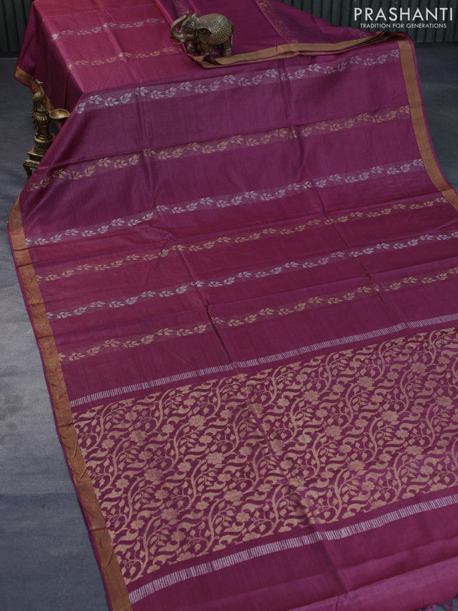 Banana silk saree dark magenta pink with silver & gold zari weaves and zari woven border