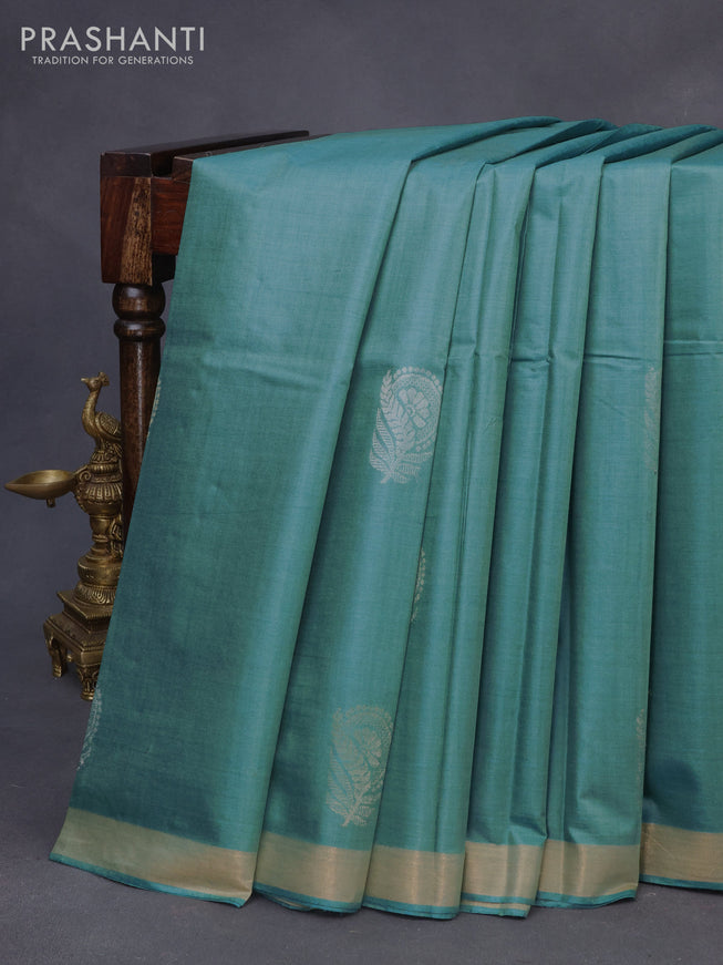 Banana silk saree teal blue with silver & gold zari woven buttas and zari woven border