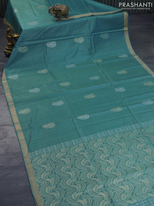 Banana silk saree teal blue with silver & gold zari woven buttas and zari woven border