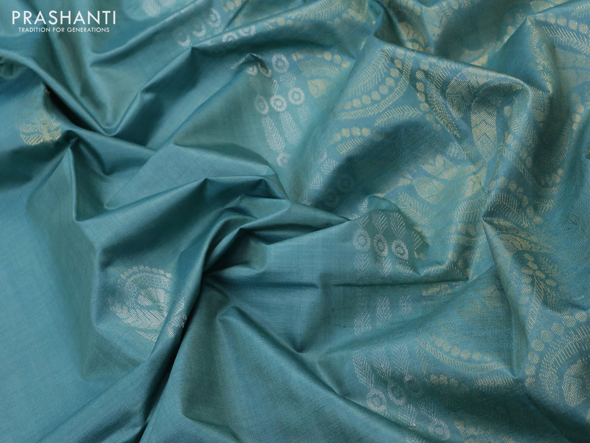 Banana silk saree teal blue with silver & gold zari woven buttas and zari woven border