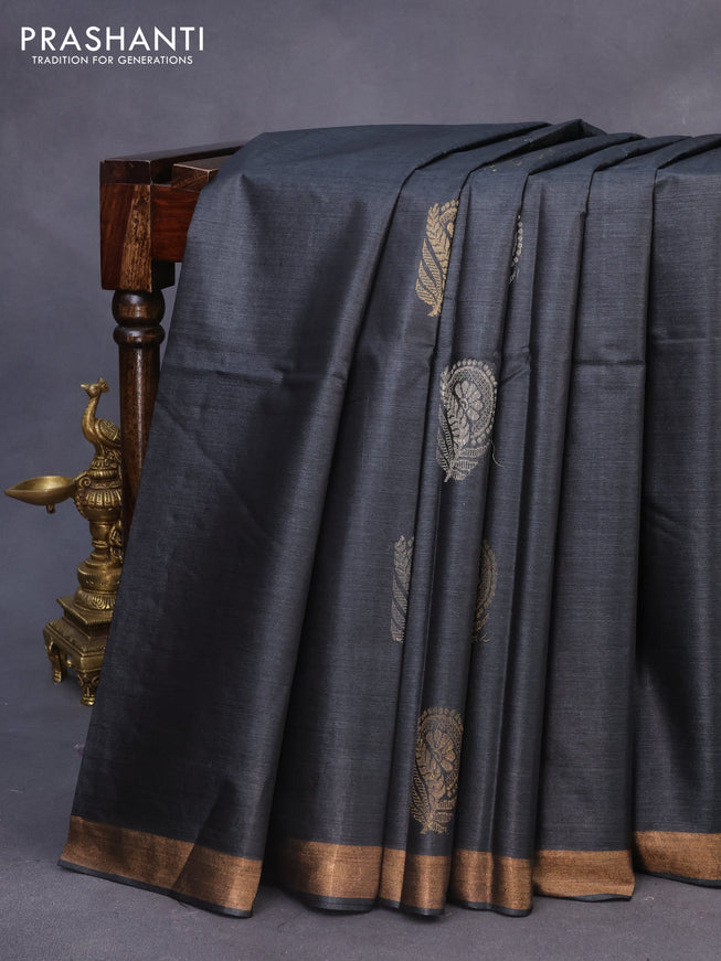 Banana silk saree black with silver & gold zari woven buttas and zari woven border