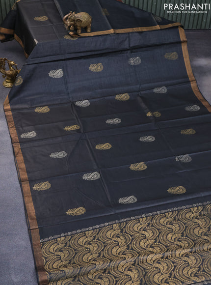 Banana silk saree black with silver & gold zari woven buttas and zari woven border