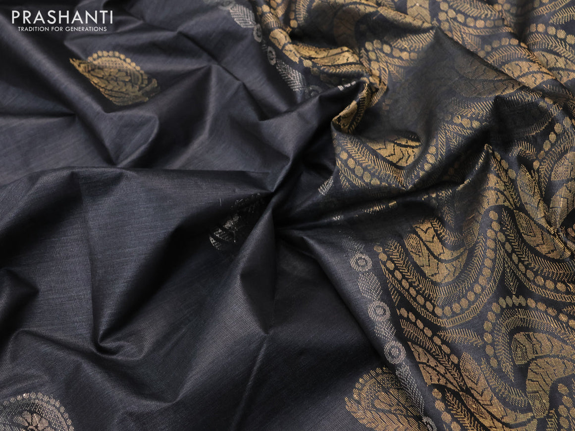 Banana silk saree black with silver & gold zari woven buttas and zari woven border