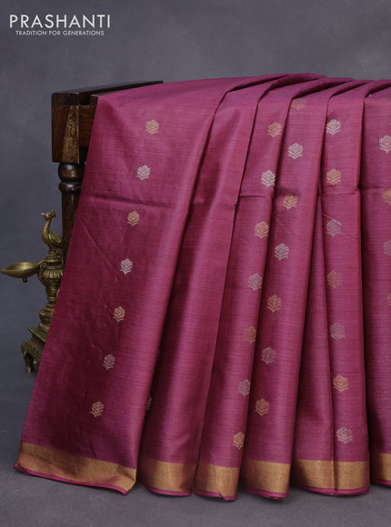 Banana silk saree dark magenta pink with allover silver & gold zari woven buttas and zari woven border