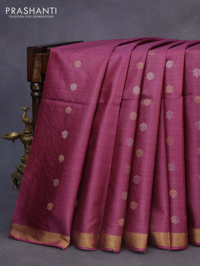 Banana silk saree dark magenta pink with allover silver & gold zari woven buttas and zari woven border