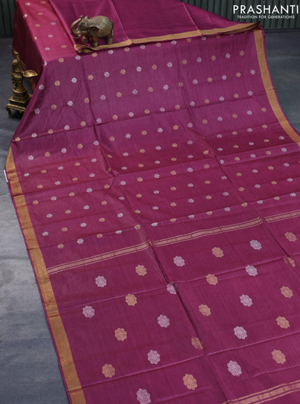 Banana silk saree dark magenta pink with allover silver & gold zari woven buttas and zari woven border