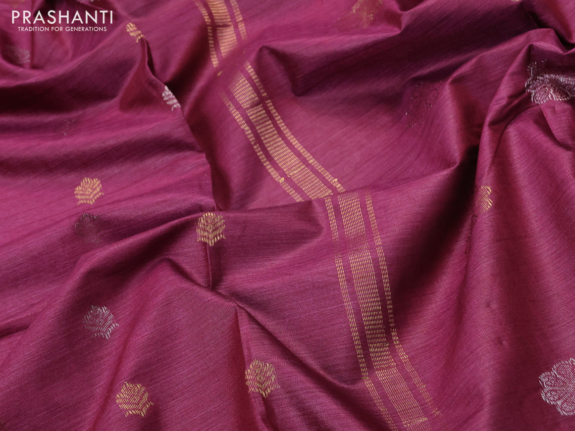 Banana silk saree dark magenta pink with allover silver & gold zari woven buttas and zari woven border