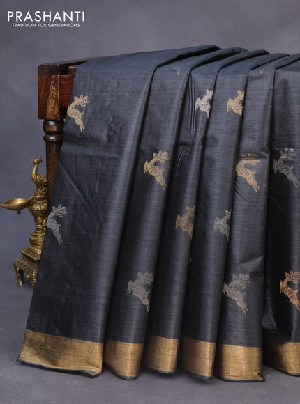 Banana silk saree dark elephant grey with silver & gold zari woven buttas and zari woven border