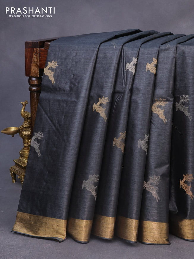 Banana silk saree dark elephant grey with silver & gold zari woven buttas and zari woven border