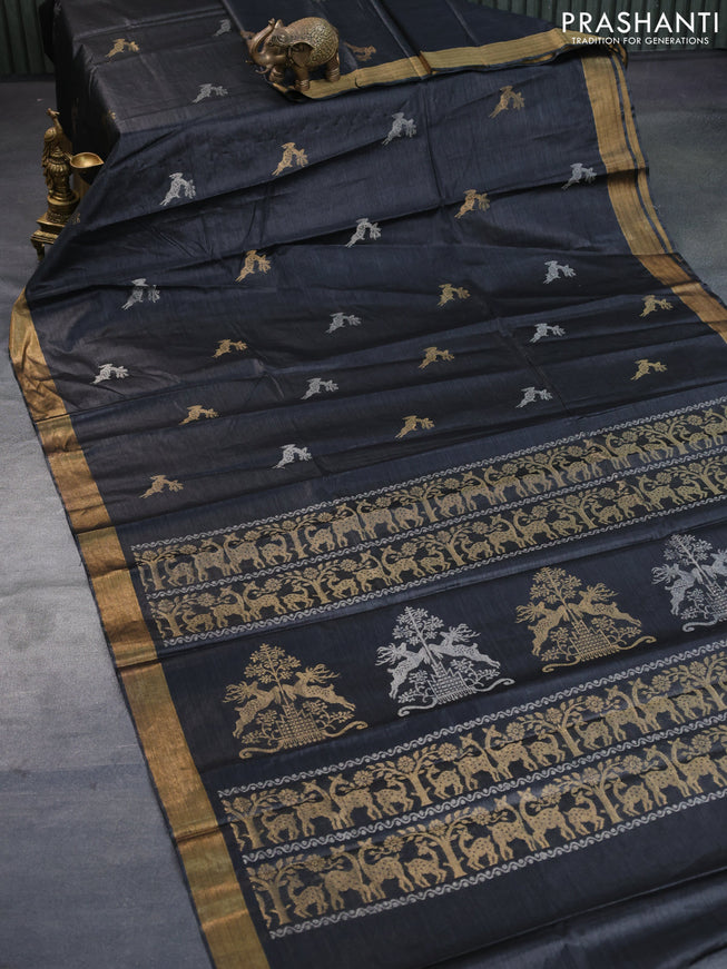 Banana silk saree dark elephant grey with silver & gold zari woven buttas and zari woven border