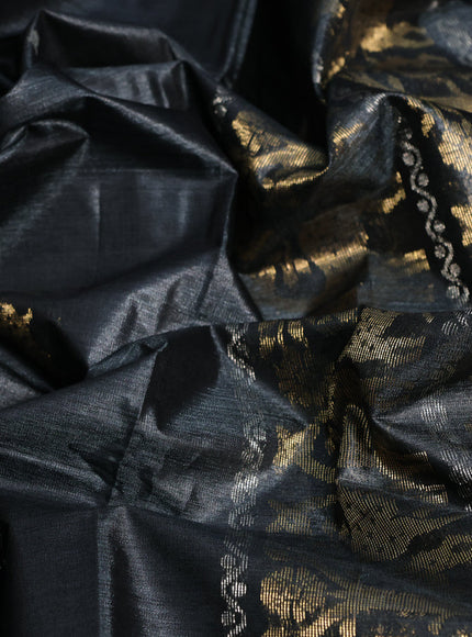 Banana silk saree dark elephant grey with silver & gold zari woven buttas and zari woven border