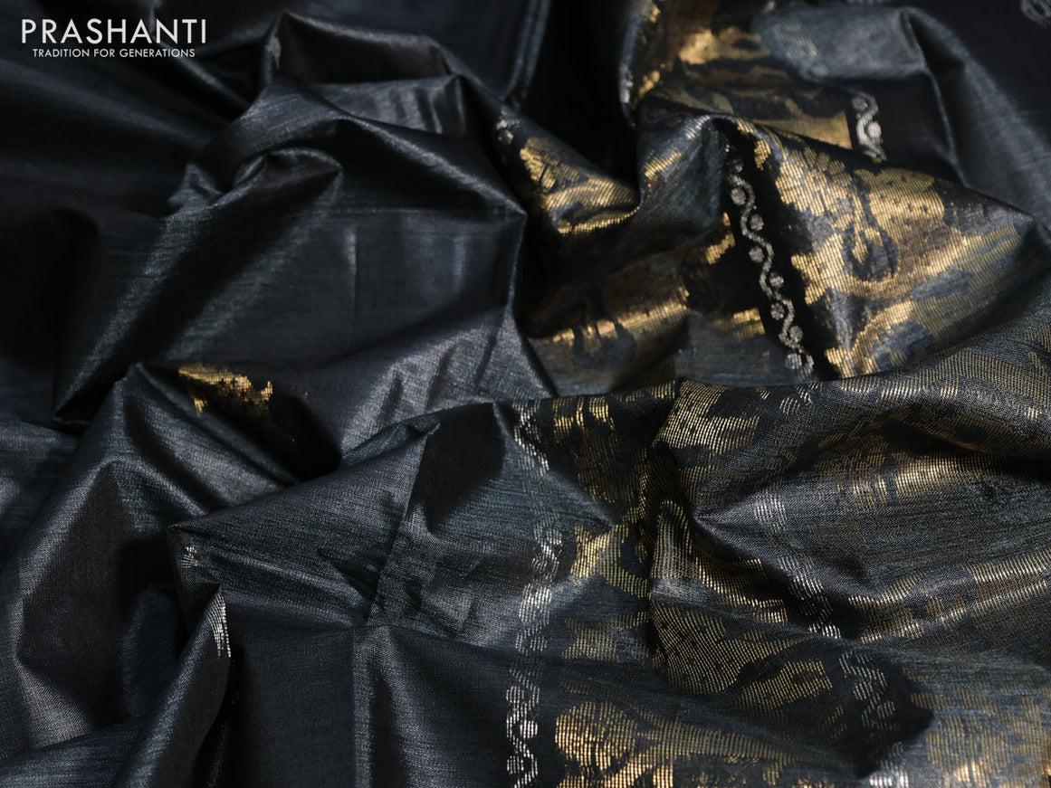 Banana silk saree dark elephant grey with silver & gold zari woven buttas and zari woven border