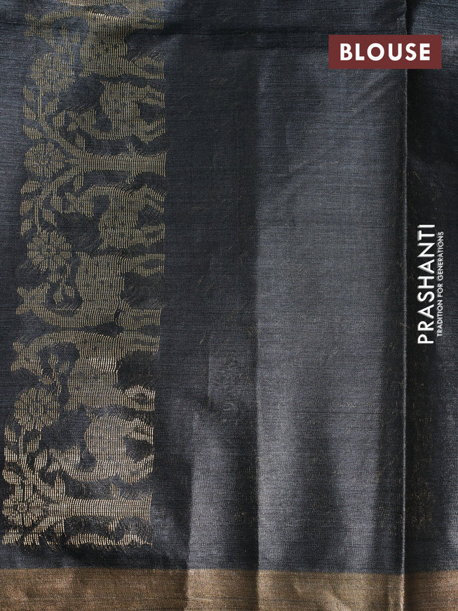 Banana silk saree dark elephant grey with silver & gold zari woven buttas and zari woven border