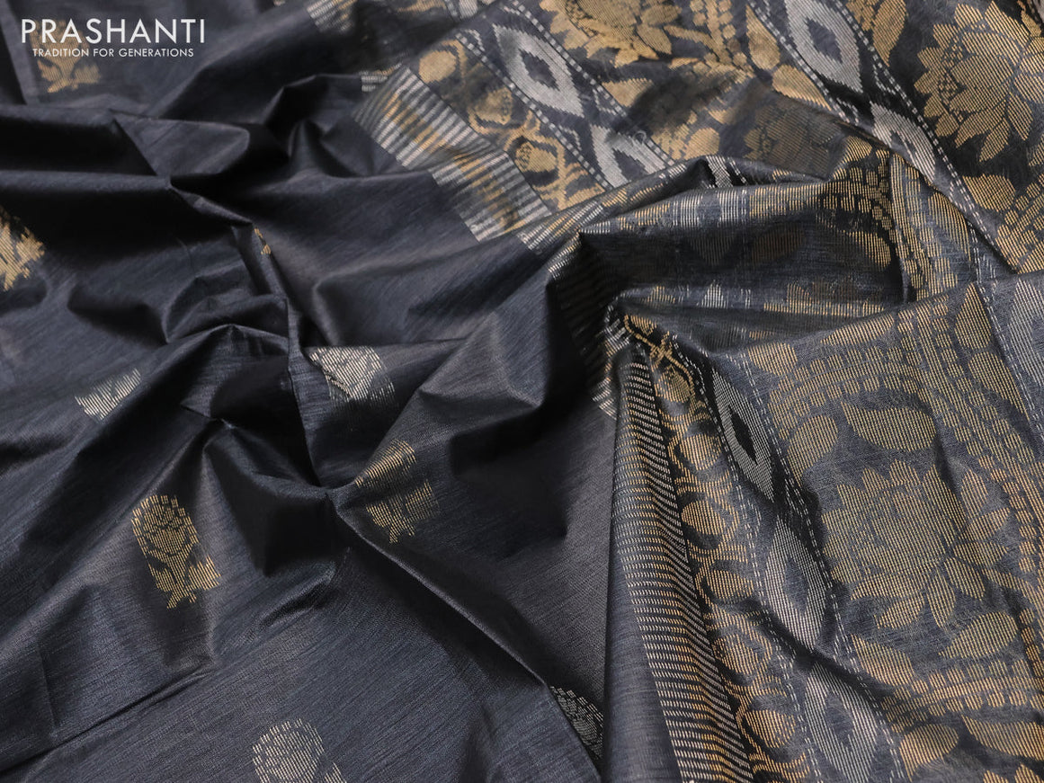 Banana silk saree black with silver & gold zari woven buttas and zari woven border