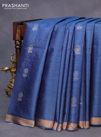 Banana silk saree navy blue with silver & gold zari woven buttas and zari woven border