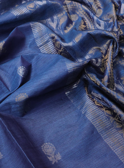 Banana silk saree navy blue with silver & gold zari woven buttas and zari woven border