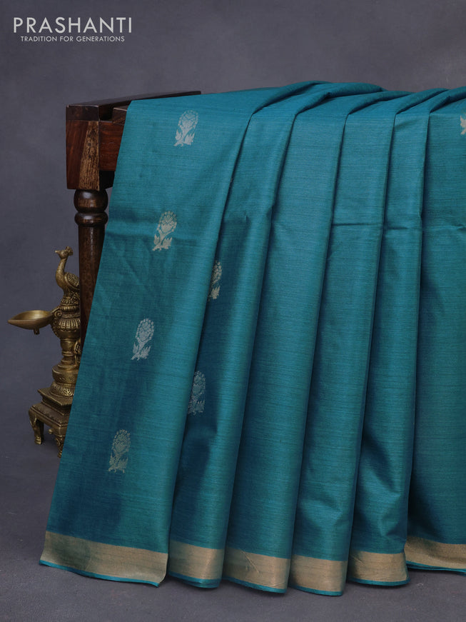 Banana silk saree cs blue with silver & gold zari woven buttas and zari woven border