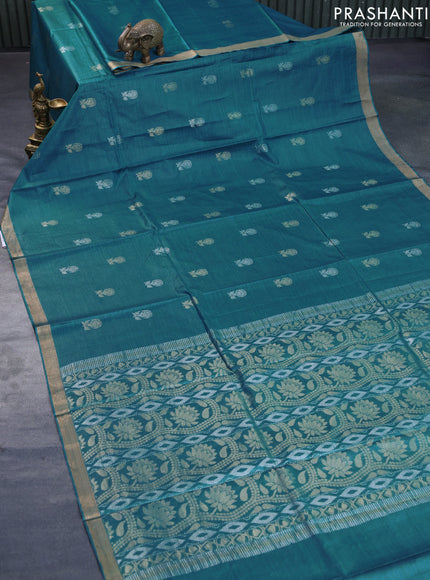 Banana silk saree cs blue with silver & gold zari woven buttas and zari woven border