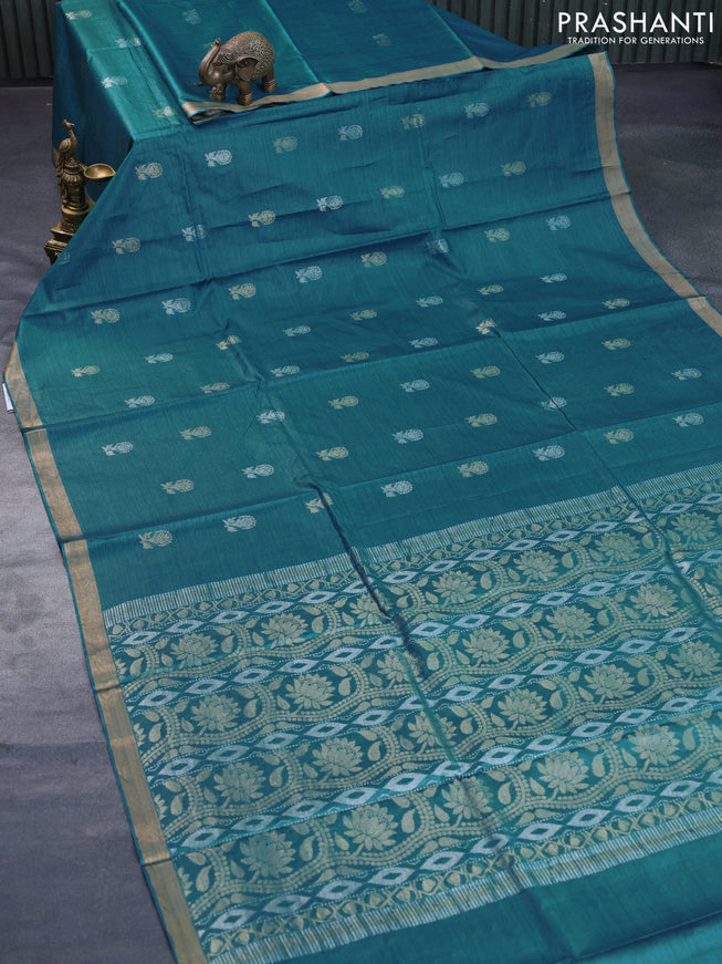 Banana silk saree cs blue with silver & gold zari woven buttas and zari woven border