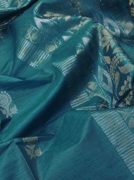 Banana silk saree cs blue with silver & gold zari woven buttas and zari woven border