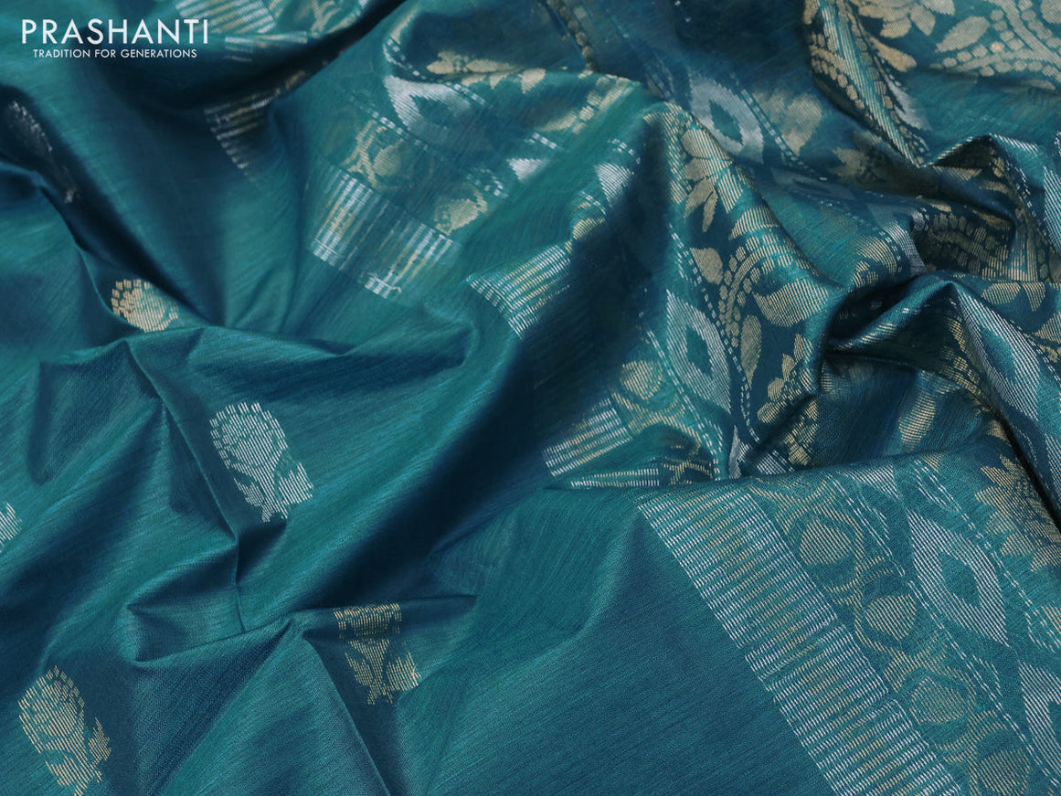 Banana silk saree cs blue with silver & gold zari woven buttas and zari woven border