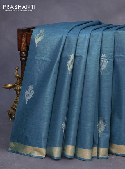 Banana silk saree cs blue with silver & gold zari woven buttas and zari woven border