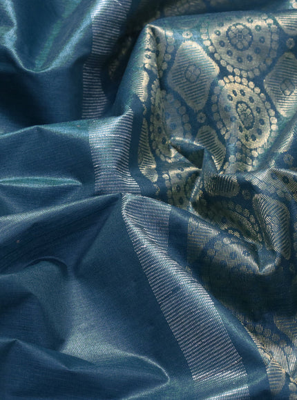 Banana silk saree cs blue with silver & gold zari woven buttas and zari woven border