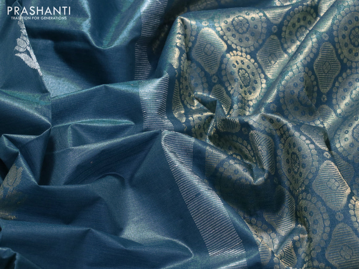 Banana silk saree cs blue with silver & gold zari woven buttas and zari woven border