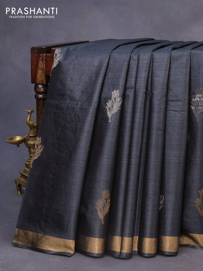 Banana silk saree black with silver & gold zari woven buttas and zari woven border