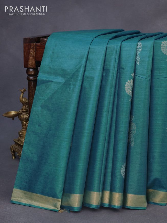 Banana silk saree teal blue with silver & gold zari woven buttas and zari woven border