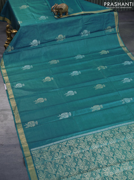 Banana silk saree teal blue with silver & gold zari woven buttas and zari woven border