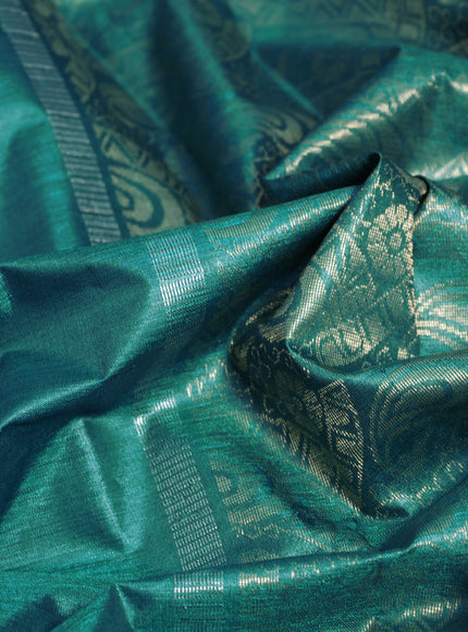 Banana silk saree teal blue with silver & gold zari woven buttas and zari woven border