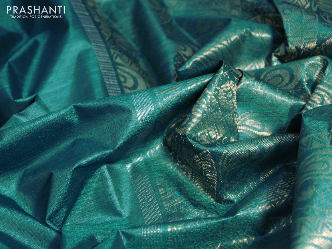 Banana silk saree teal blue with silver & gold zari woven buttas and zari woven border