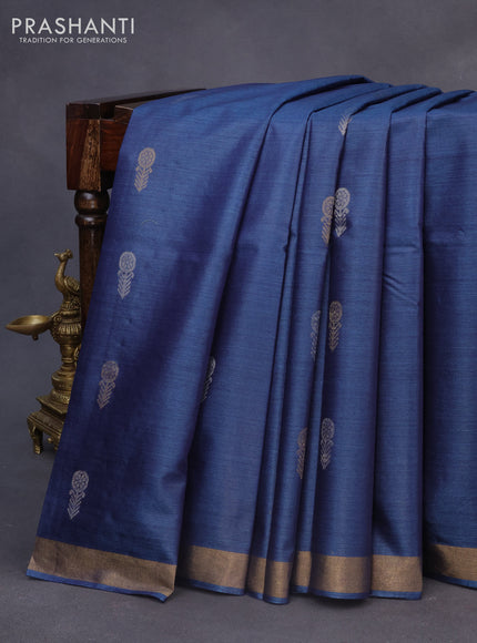 Banana silk saree blue with silver & gold zari woven buttas and zari woven border