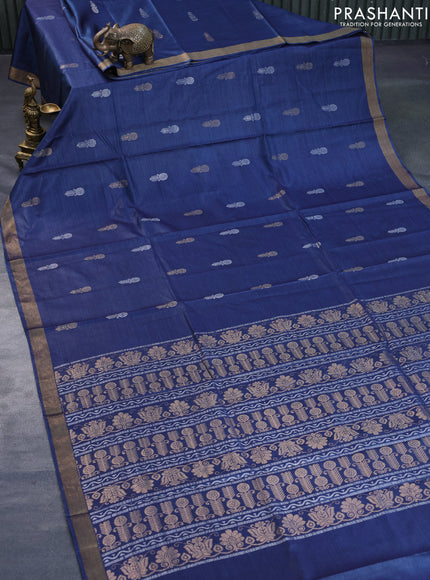 Banana silk saree blue with silver & gold zari woven buttas and zari woven border