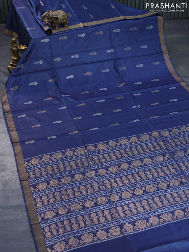 Banana silk saree blue with silver & gold zari woven buttas and zari woven border