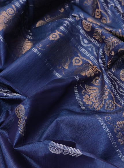 Banana silk saree blue with silver & gold zari woven buttas and zari woven border