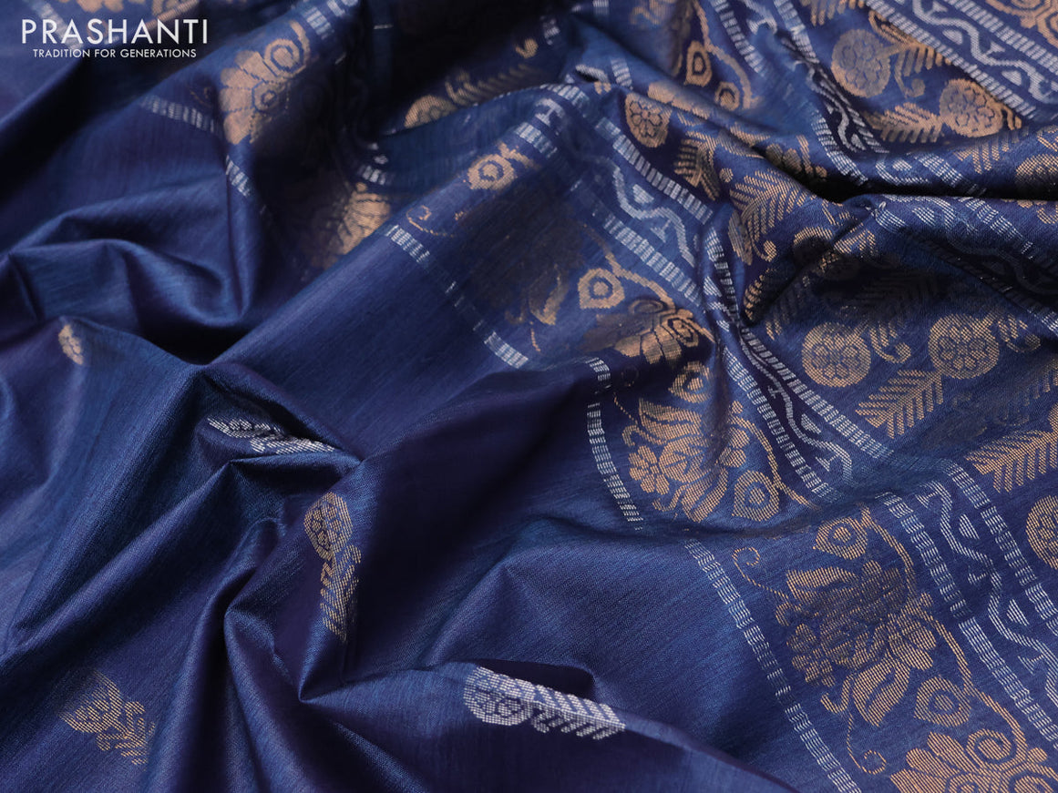 Banana silk saree blue with silver & gold zari woven buttas and zari woven border