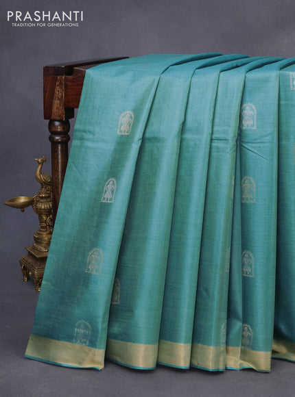 Banana silk saree teal blue with silver & gold zari woven buttas and zari woven border