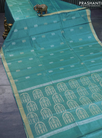 Banana silk saree teal blue with silver & gold zari woven buttas and zari woven border