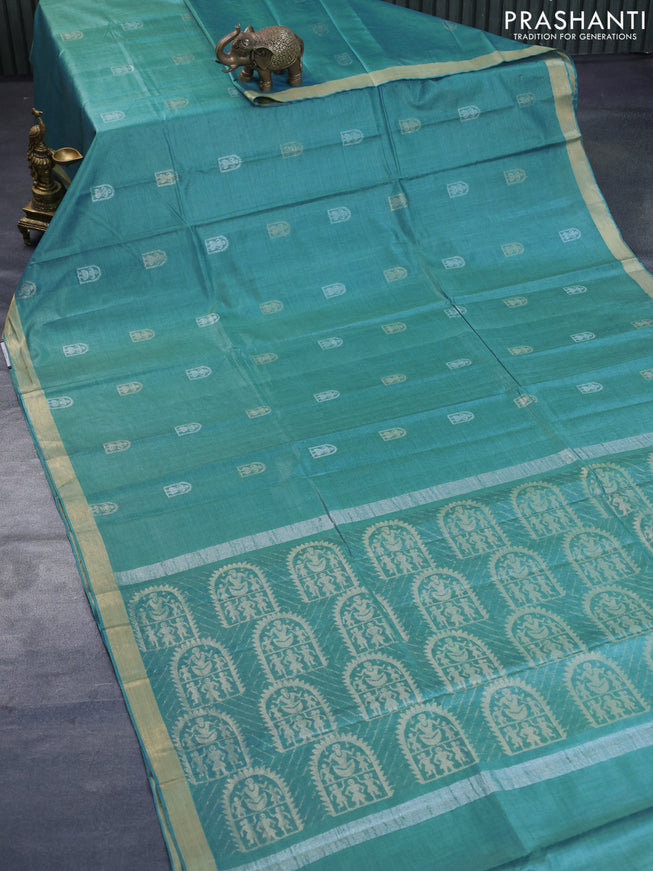 Banana silk saree teal blue with silver & gold zari woven buttas and zari woven border